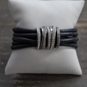 Brighton Neptune's Rings Leather Bracelet Navy Blue Magnetic Clasp Silver Plated